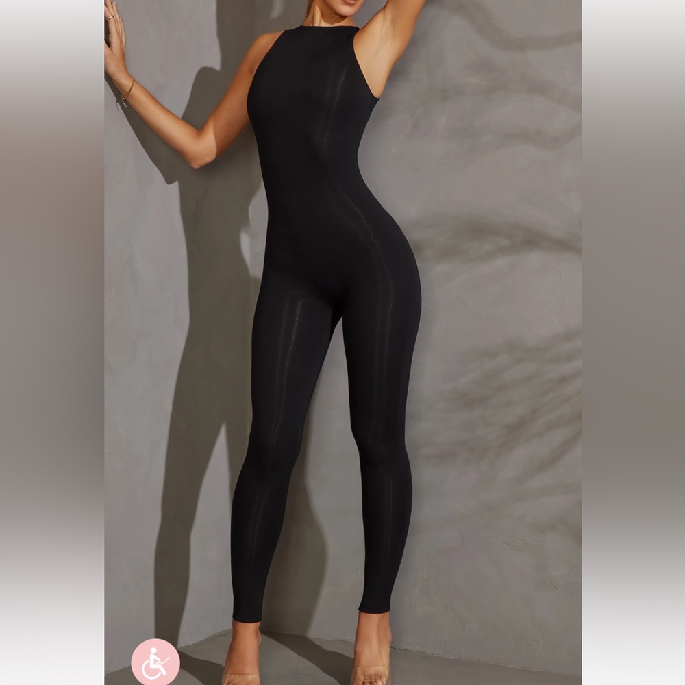 Oh polly petite racer neck jumpsuit in black